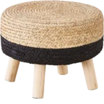 Pouf Ottoman, 17" Round Footstool with Wood Leg, Handmade Natural Water Hyacinth Outdoor Footrest, Sofa Side Table, Accent Vanity Chair for Bedroom (Natural Water Hyacinth & Black Corn Husk)