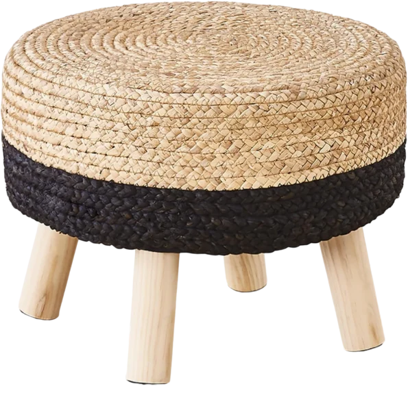 Pouf Ottoman, 17" Round Footstool with Wood Leg, Handmade Natural Water Hyacinth Outdoor Footrest, Sofa Side Table, Accent Vanity Chair for Bedroom (Natural Water Hyacinth & Black Corn Husk)