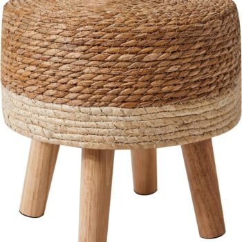 Jute Seagrass Stool White Stripes | 12.6" Small Ottoman, Round Footrest for Living Room, Bedroom, Entryway, Change Shoes Stool, Non-Skid Wood Legs, Boho, Natural+White